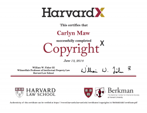 image of certificate indicating that Carlyn maw completed CopyrightX
